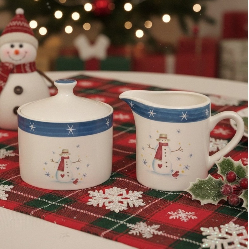 Holiday Home Stoneware Creamer/Sugar Bowl & Lid Snowman Christmas